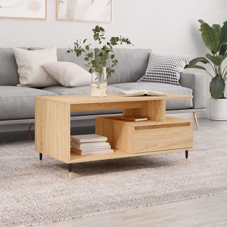 vidaXL Tavolino da Salotto Moderno in Legno e Metallo, Colore Rovere, L 90 x P 49 x H 45 cm