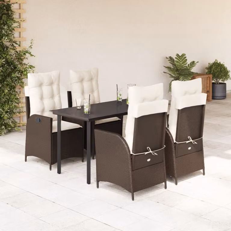Set da Pranzo da Giardino 5pz vidaXL in Polyrattan Marrone con Piano in Vetro e Cuscini