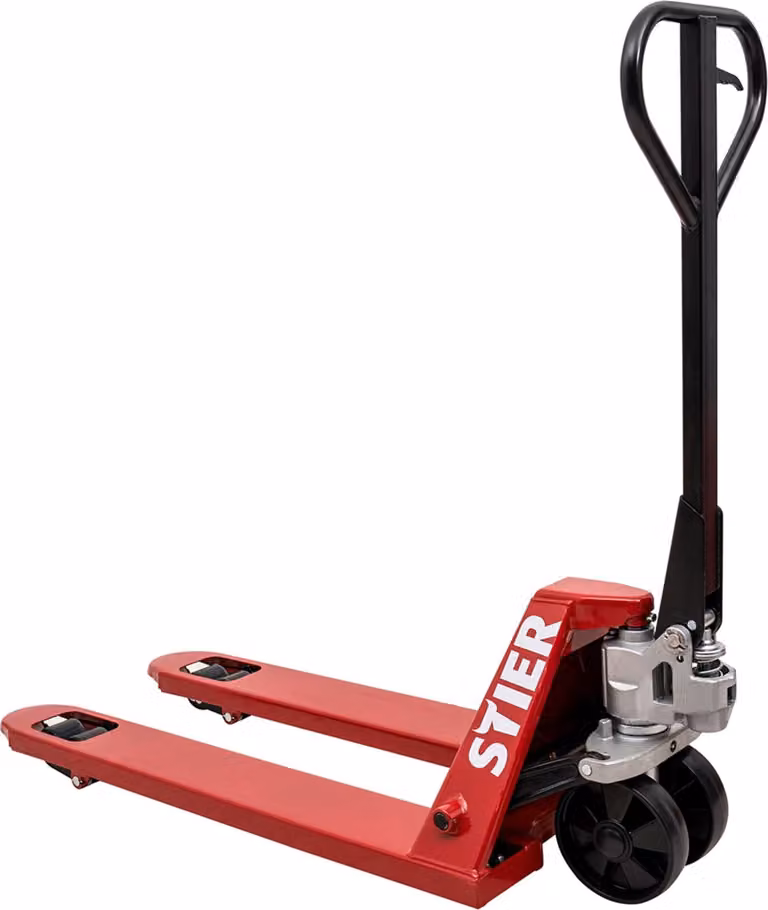 Transpallet STIER, transpallet con portata 2500 kg, lunghezza forche 800 mm, ruote in nylon, rosso, transpallet, transpallet manuale, angolo di sterzata di 210°, idraulica manuale esente da manutenzione