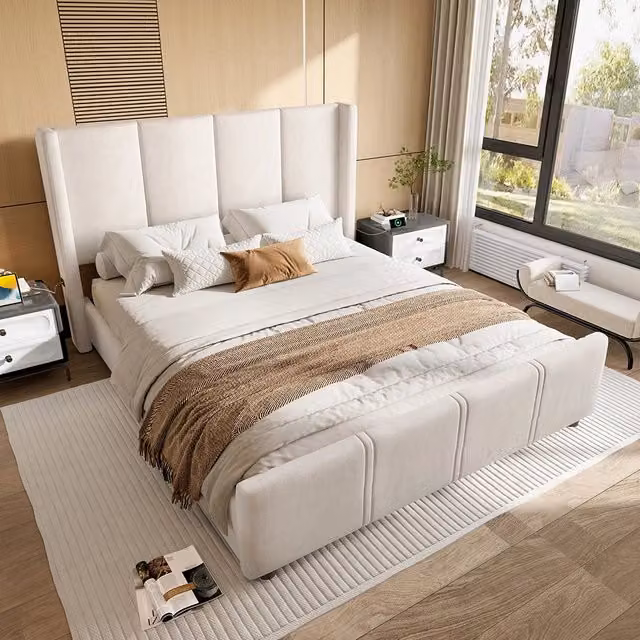 Letto-Xylo-140x200 cm-testiera alta, USB, ferro+legno, beige