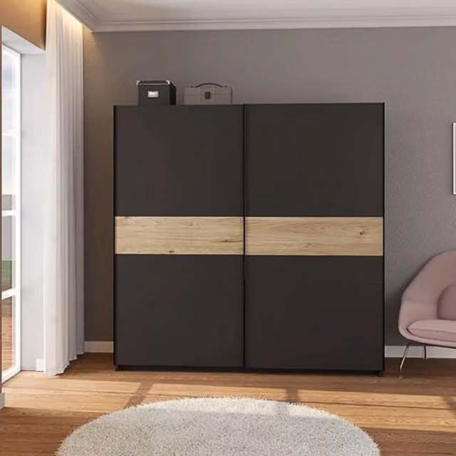 Armadio Camera da Letto Nalika, Guardaroba 2 Ante 2 Ripiani, 200x204h cm Nero Antracite