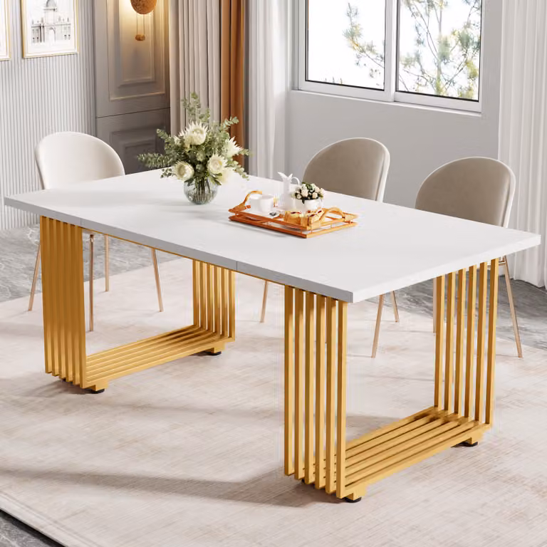 Tribesigns Tavolo da pranzo moderno per 6-8 persone, 180 cm, tavolo da sala da pranzo bianco, tavolo da cucina in legno con gambe in metallo dorato, tavolo da pranzo rettangolare