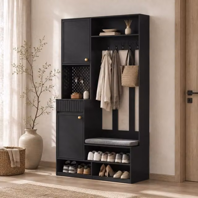 Set di mobili da ingresso moderno MIVRAY nero con panca imbottita, armadio, cassetti, 4 ganci e pannello forato L/P/H: 100 x 35 x 180 cm – 1