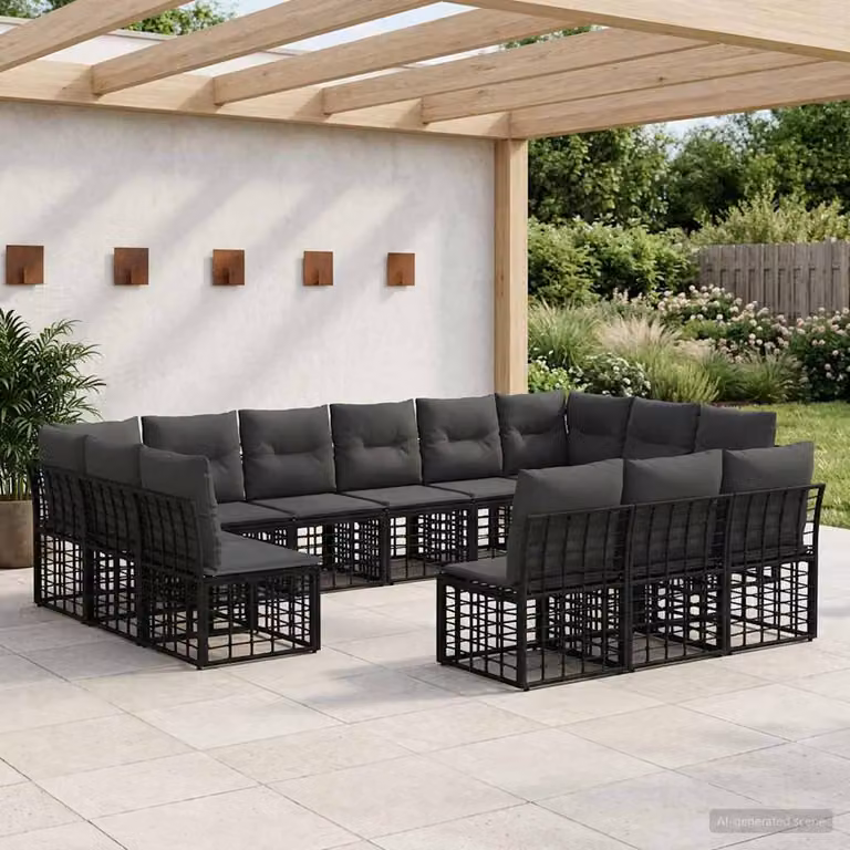 Set di divani da esterno a L vidaXL in polyrattan nero e grigio con cuscini inclusi