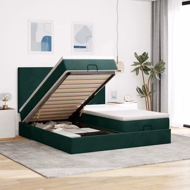 Letto con contenitore a sollevamento vidaXL in velluto verde e bianco con materasso, L: 200 cm, P: 200 cm, H: 280 cm