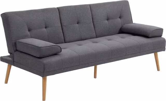 Divano Letto 3 Posti in Tessuto Effetto Lino Grigio Scuro Schienale Reclinabile 3 Livelli con Portabicchieri e 2 Cuscini per Salotto e Casa