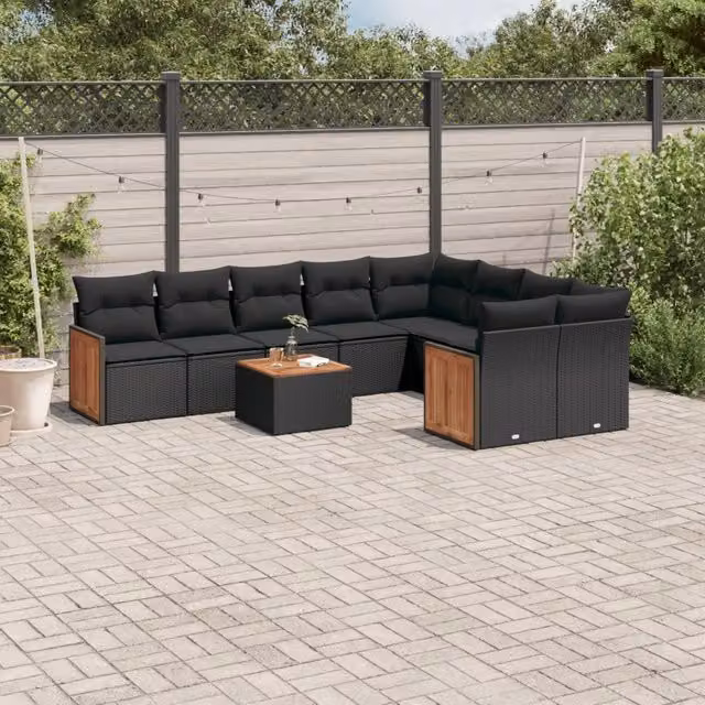 Set Divani da Giardino 10pz con Cuscini in Polyrattan Nero 3227987