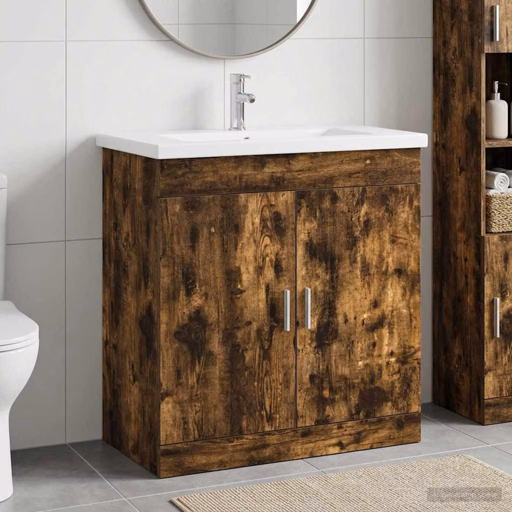 Set di mobili per il bagno moderno vidaXL in MDF colore Rovere Fumo e Argento, L: 81 cm, P: 40 cm, H: 84,5 cm