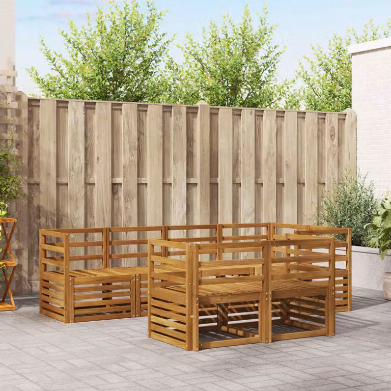 Set di divani da esterno vidaXL 7 pz a forma di L in legno di acacia con cuscini in poliestere resistente ai raggi UV beige, bianco e marrone