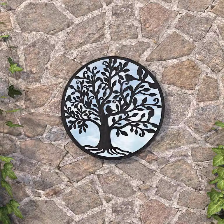 Specchio da giardino rotondo vidaXL in metallo e vetro nero, da appendere al muro
