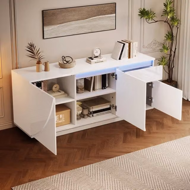 Sideboard moderno in MDF bianco lucido con illuminazione LED, 3 ante, 1 cassetto e ripiani regolabili, L 140 x P 40 x H 60 cm