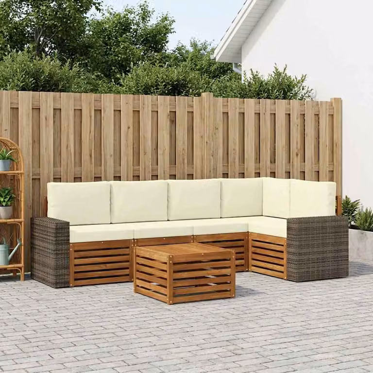 Set di divani da esterno vidaXL 6 pz in legno di acacia con tavolo da caffè, colore beige e bianco
