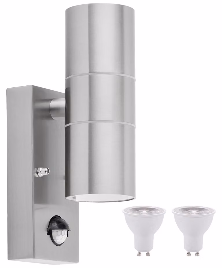 Lampada da parete esterna con sensore di movimento, 2 attacchi GU10, grado di protezione IP65, acciaio inossidabile