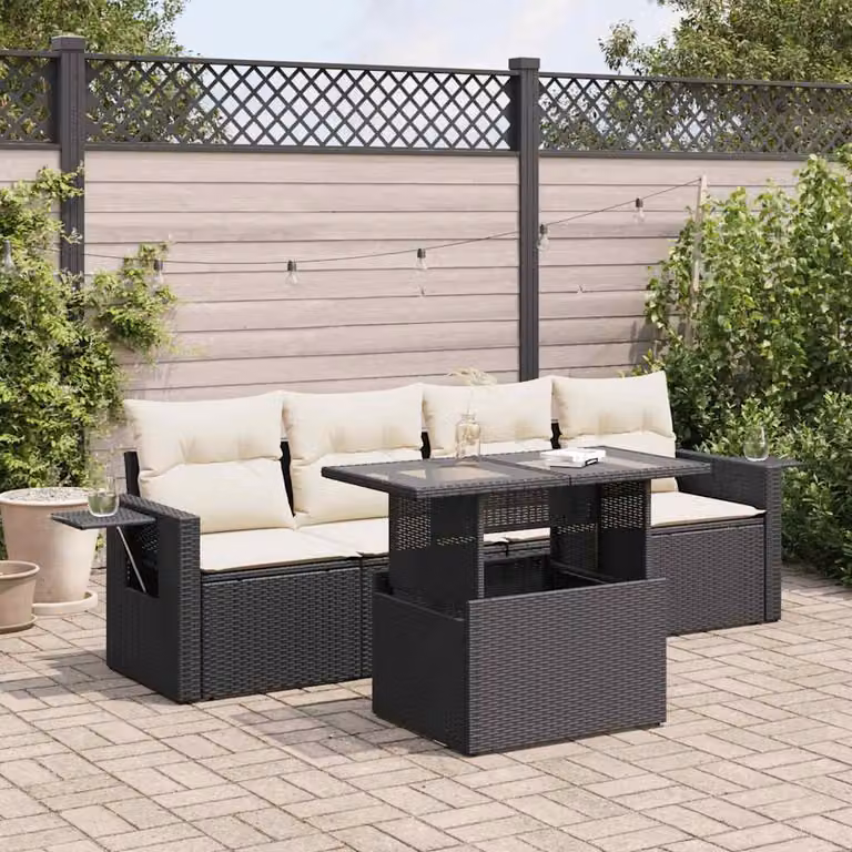 vidaXL Set Divani da Giardino 5 Pezzi in Polyrattan con Cuscini e Tavolino, Nero e Bianco