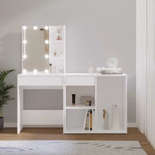 Toeletta Hollywood con LED e Armadietto vidaXL in Legno Bianco L: 140 cm, P: 40 cm, H: 60 cm – 1