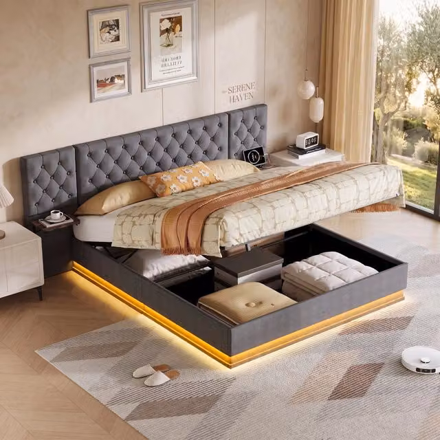 Letto matrimoniale 140x200 cm con contenitore LED USB ricarica wireless testiera con mensole rete a doghe legno metallo lino - beige