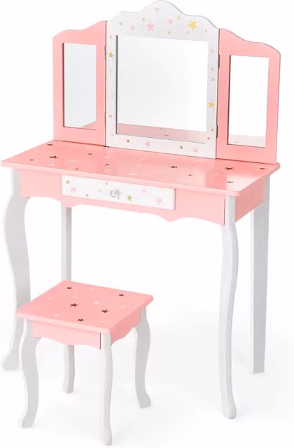 Set composto da toletta e sgabello per bambini in stile moderno, colore rosa e bianco, L/P/H: 70 x 34 x 104,5 cm