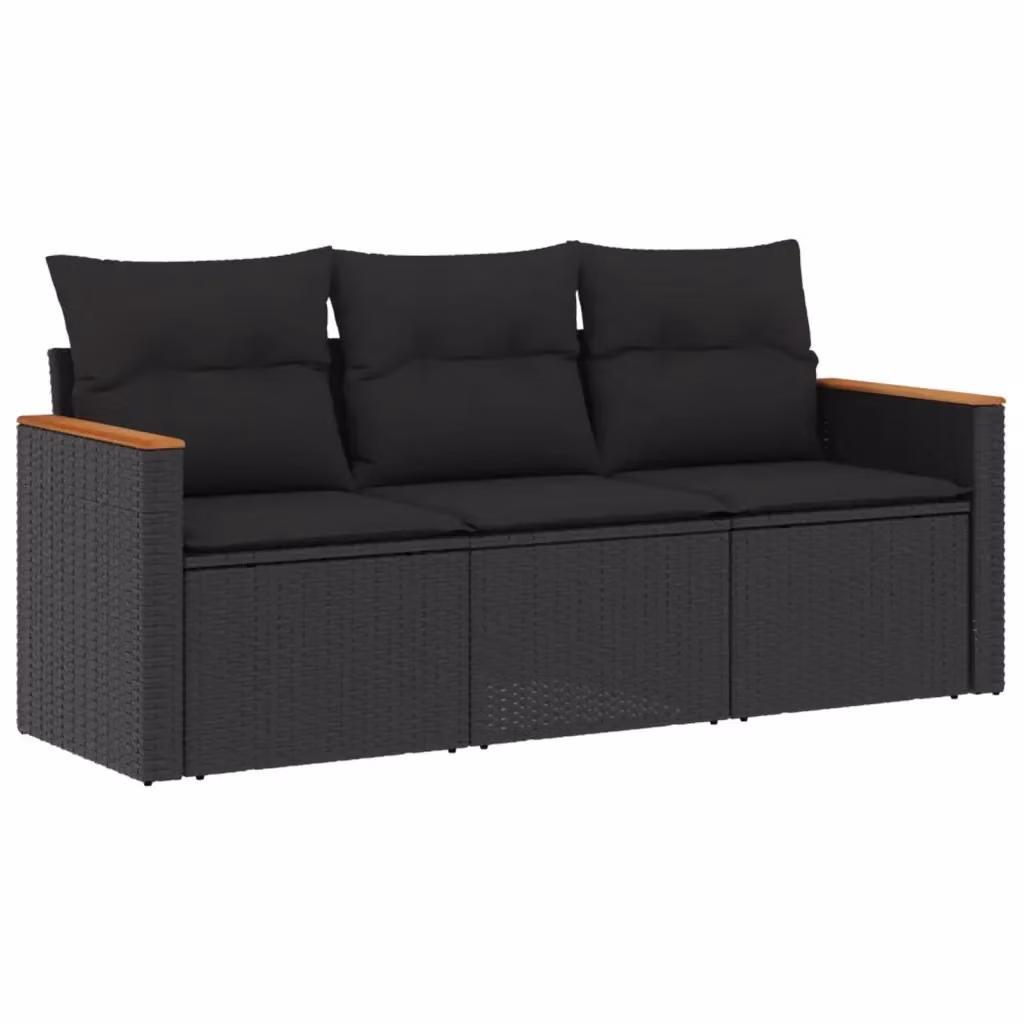 Set di divani da giardino vidaXL 3 pezzi in rattan e legno di acacia con cuscini neri e struttura in acciaio verniciato a polvere – 2