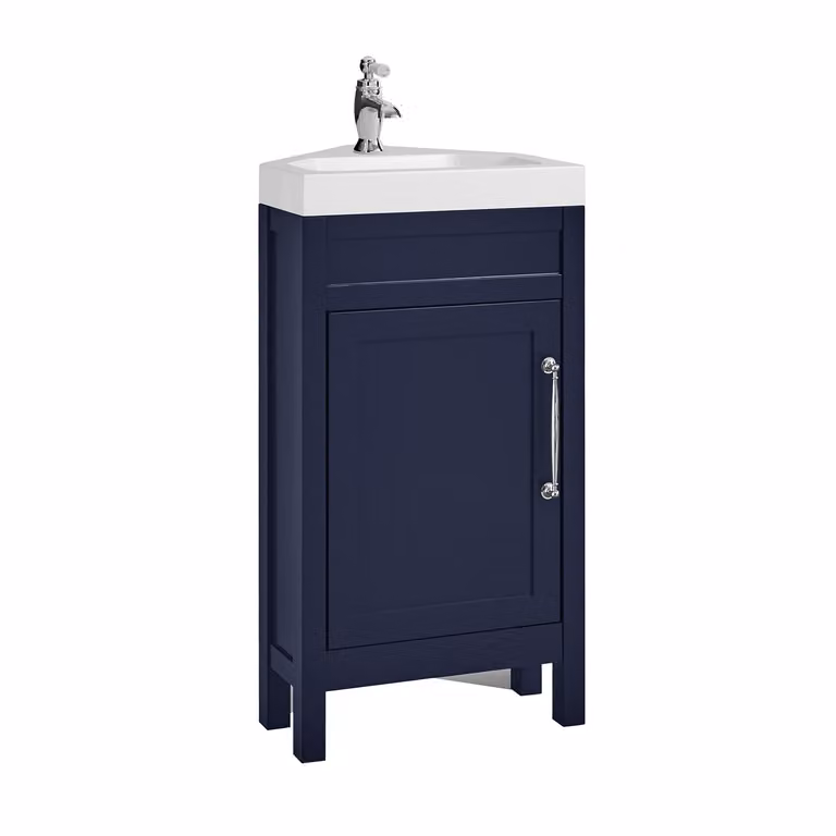 Mobile Bagno Angolare Blu Marino da 450mm con Lavabo e Maniglia Classica con Barra a T Cromata - Warwick