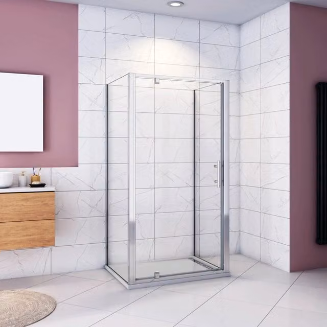 185cm Box Doccia a Tre Lati Porta Girevole Battente 80cm con Doppia Parete Fissa 90x90cm Vetro Temperato Trasparente 5 mm Profilo Cromo Lucido