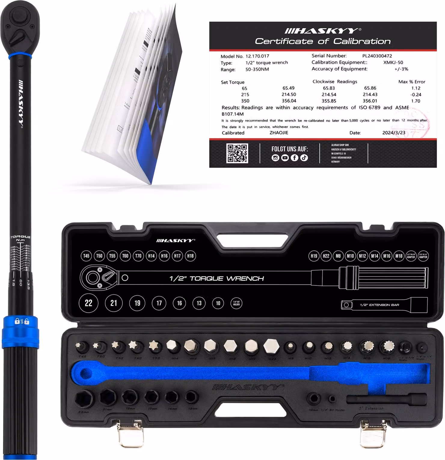Set di chiavi dinamometriche 1/2" 50-350Nm con inserti per dadi e adattatore in valigetta