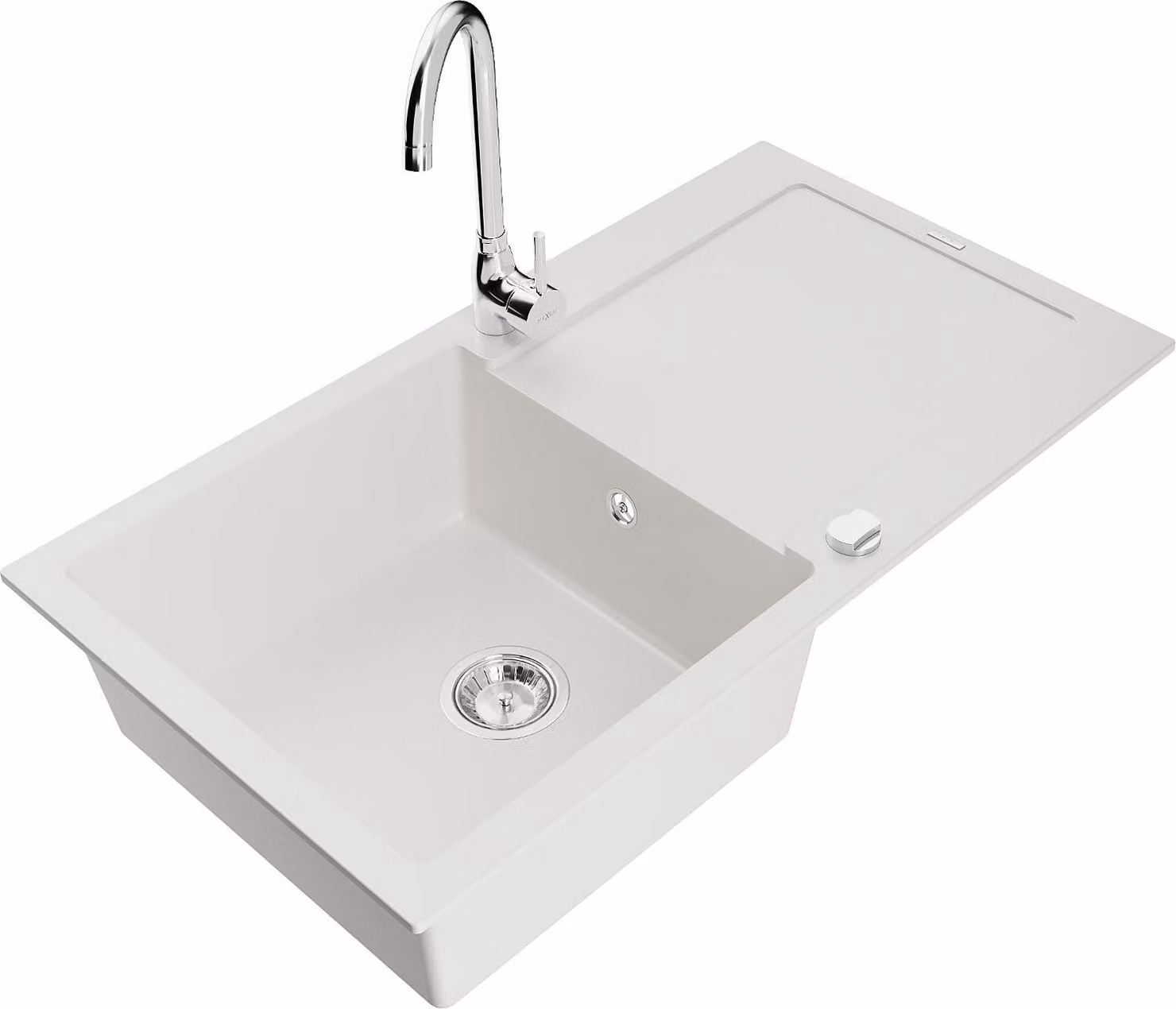 Mexen Leo lavello in granito a 1 vasca con sgocciolatoio e rubinetto da cucina Telma, bianco - 6501-20-670200-00