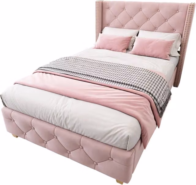 Letto singolo 90x200 cm in velluto rosa con testiera imbottita e dettagli con borchie