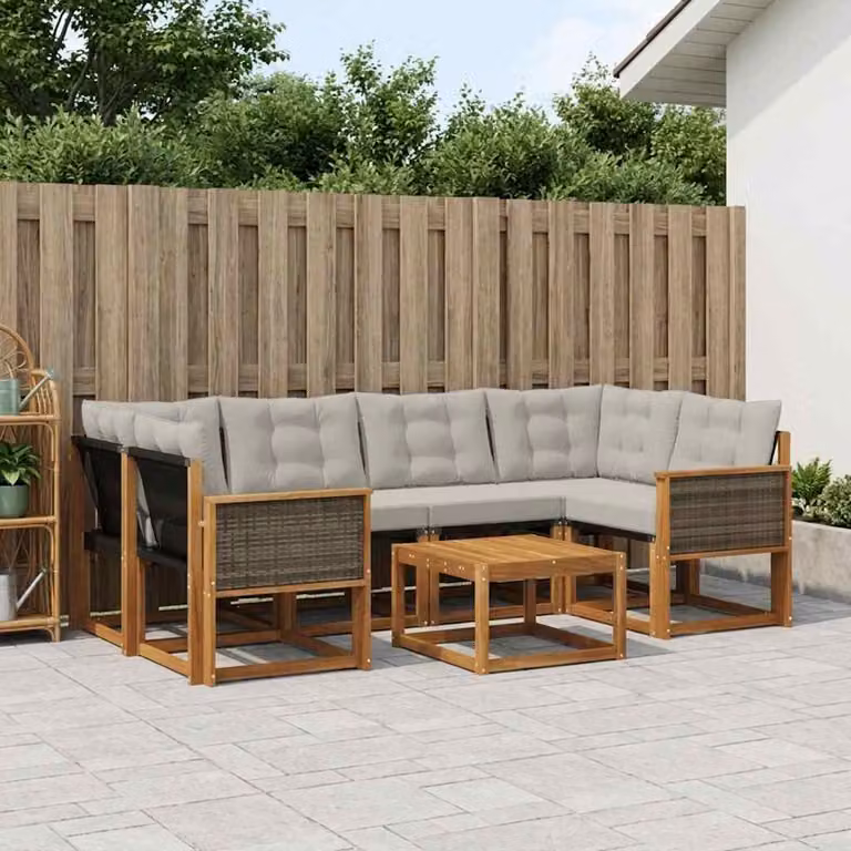 vidaXL Set di divani da esterno a L composto da 7 pezzi in legno di acacia con tavolino, colore beige e grigio