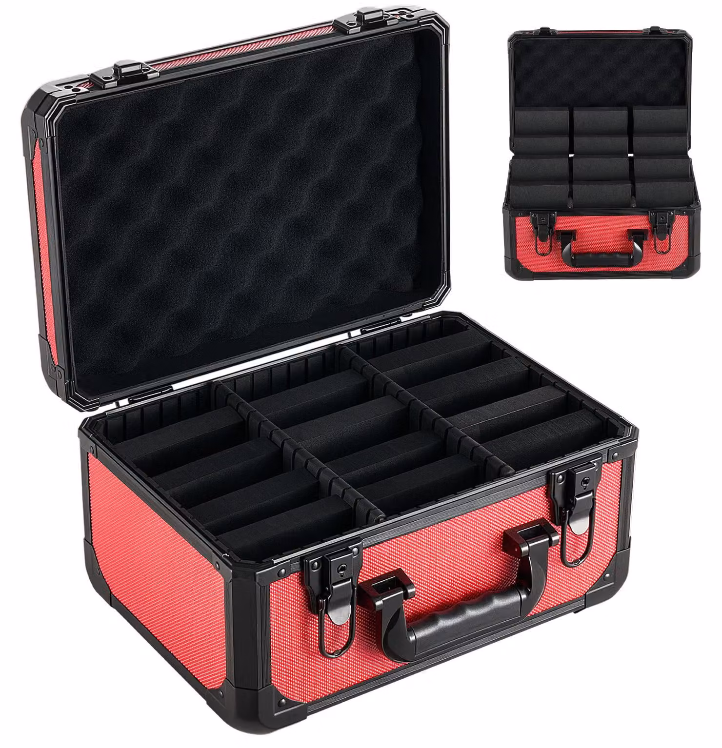 Contenitore per la conservazione di carte collezionabili SucceBuy, rosso, per 96 carte incapsulate PSA, compatibile con 76 carte SGC, 68 carte BGS, 347 toploader o più di 999 carte sfuse, con 3 file, maniglia per il trasporto, 12 scomparti divisori e chia