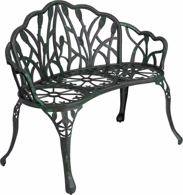 Panca da giardino a 2 posti XYLO in alluminio pressofuso con motivo floreale verde antico L: 99 cm, P: 57 cm, H: 78 cm