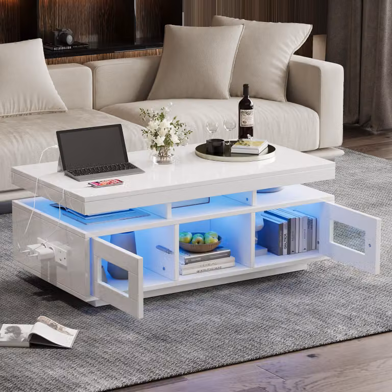 okwish tavolino lucido con luci LED controllate tramite app mobile, tavolino con cassetto e presa di ricarica, tavolino da salotto con armadietto, bianco