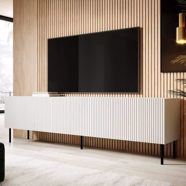 Mobile porta TV Priocca DMORA, Madia da salotto moderna con quattro ante battenti e chiusura soft-close, Bianco, L 200 cm x P 42 cm x H 52 cm – 1