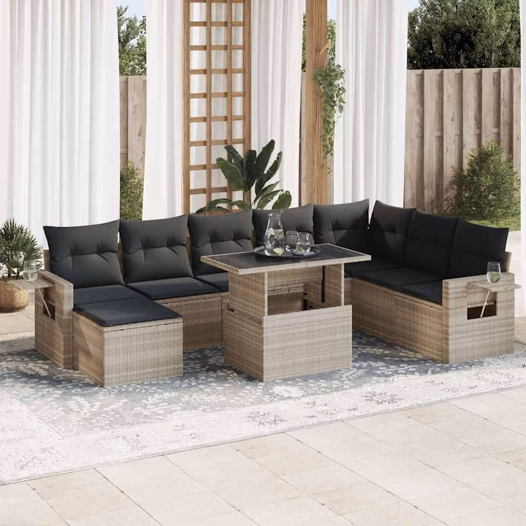Maison Exclusive - Set da giardino 9 pezzi con cuscini Grigio chiaro Poly Rattan