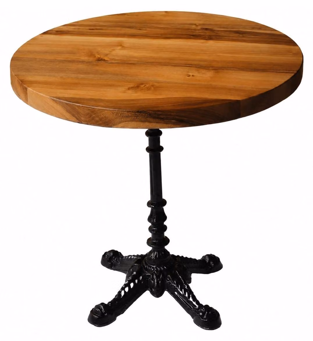 Tavolino rotondo per il soggiorno, in legno con gambe in metallo, dal design classico e senza tempo