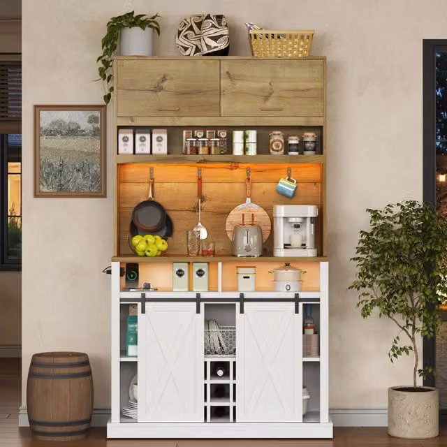 Armadio da cucina alto 191 cm con LED, presa elettrica, ante a ribalta, ganci, cantinetta e vetrina per cucina e sala da pranzo