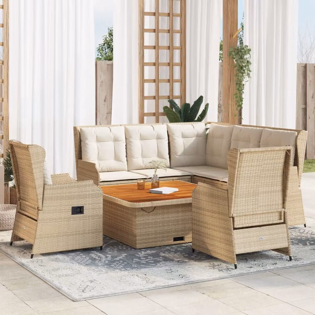Set da esterno esclusivo per lounge, composto da 6 pezzi, con cuscini, in rattan sintetico beige