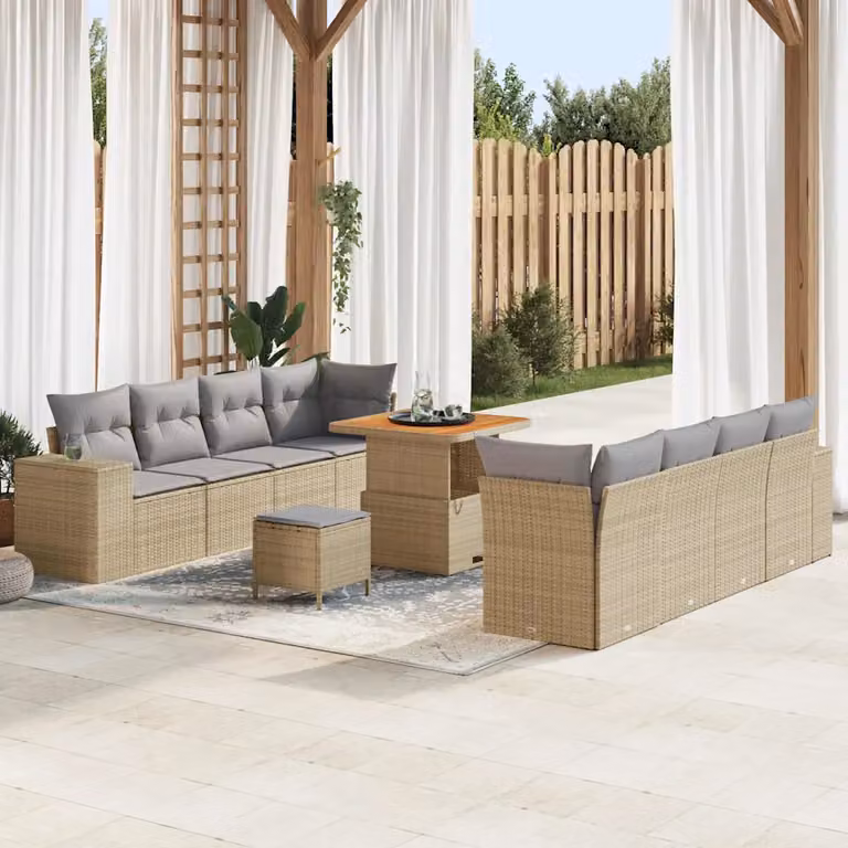 Set Divano da Giardino vidaXL 11 Pezzi a Forma di U in Polyrattan Beige con Cuscini e Tavolino
