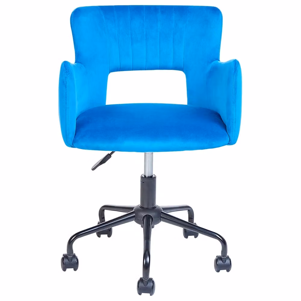 Sedia da ufficio BELIANI in velluto blu con braccioli, schienale intagliato e gambe in metallo, girevole con rotelle, stile industriale per casa e ufficio – 2