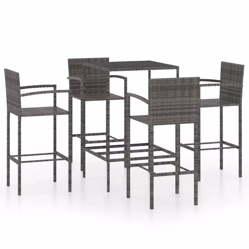 Set Bar da Giardino vidaXL in Polyrattan Grigio con Piano in Vetro, 5 Pezzi – 2