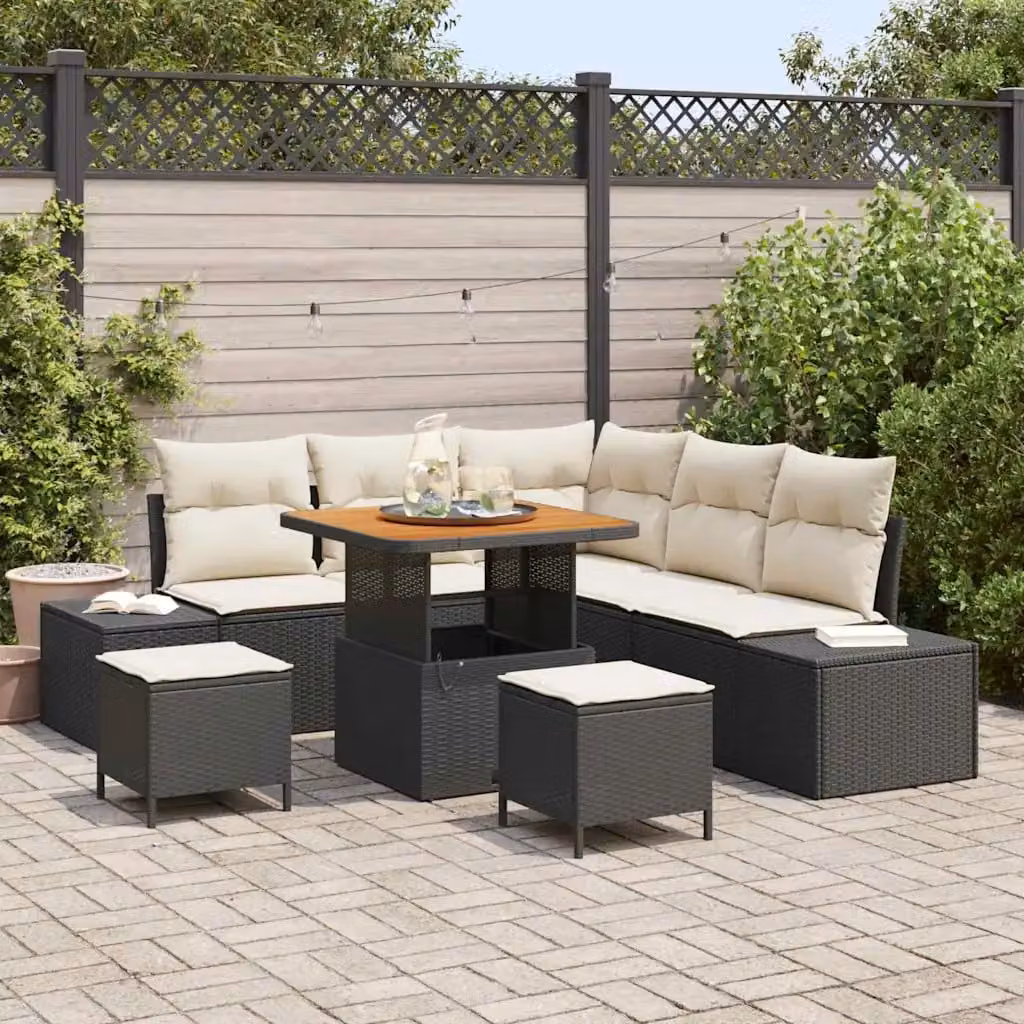 vidaXL Set Divano da Giardino Moderno a L 8 Pezzi Nero con Cuscini e Tavolino in Polyrattan e Acciaio – 1