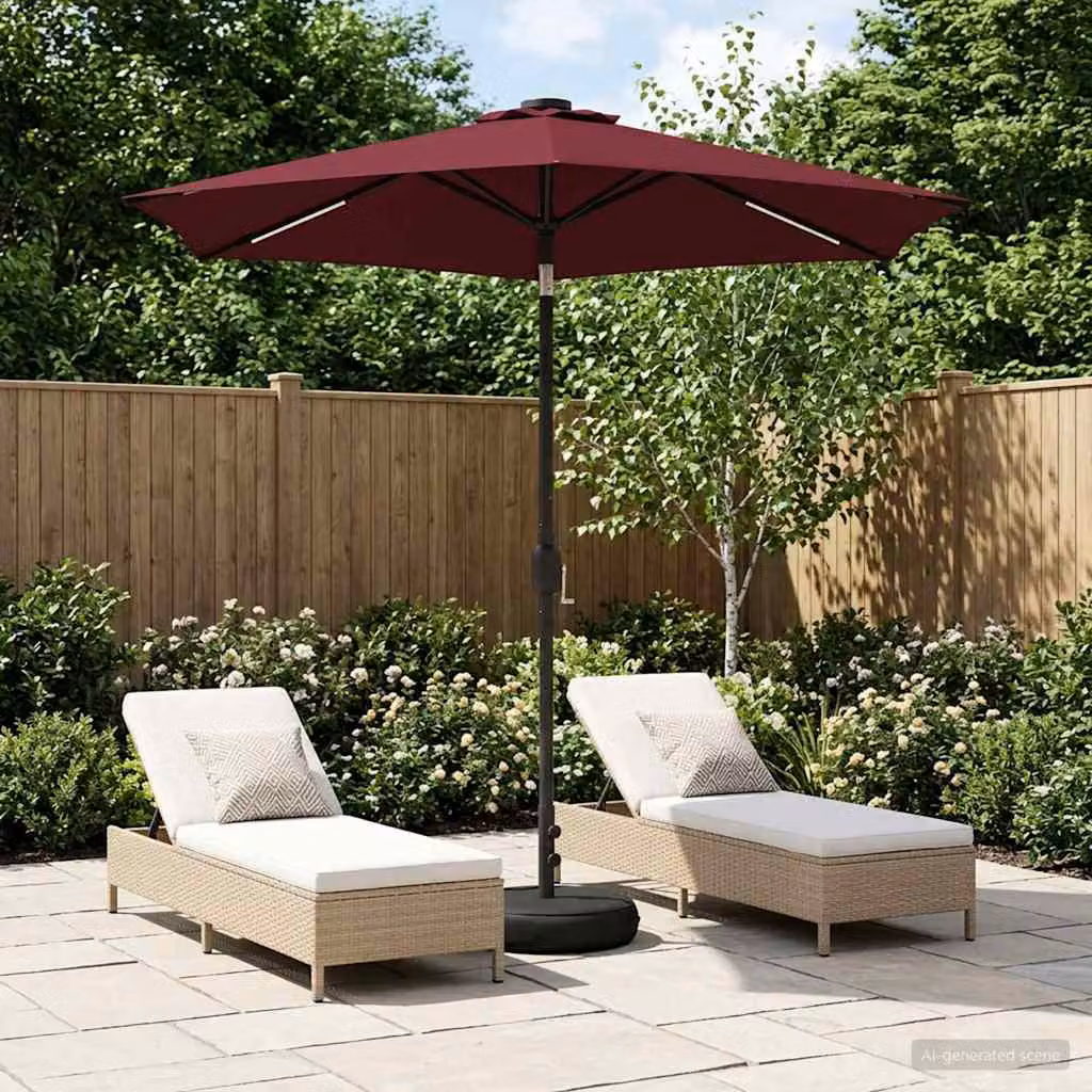 Parasol da giardino con luci LED e base vidaXL, colore rosso, in poliestere, 230 x 230 cm