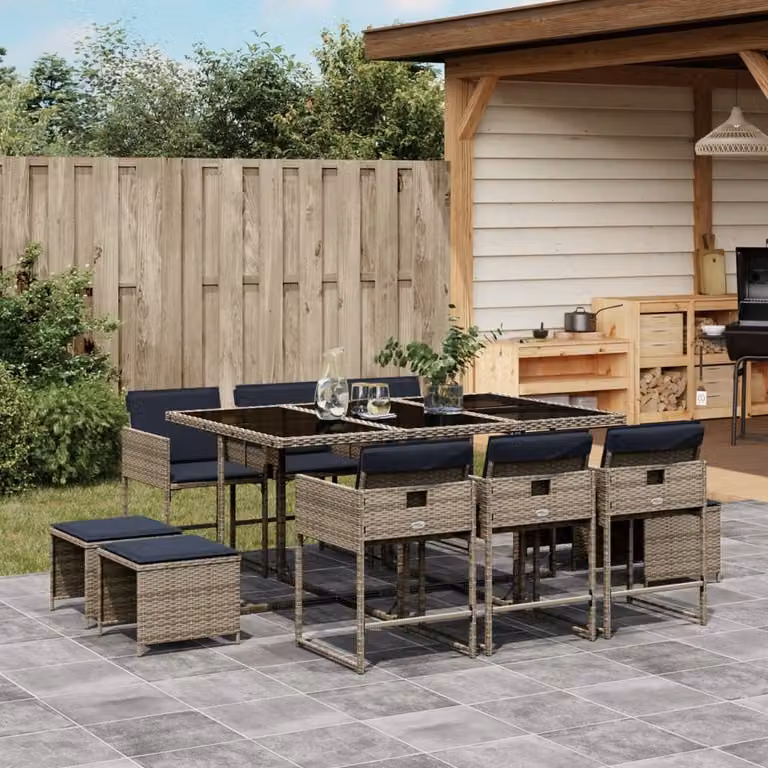 Set da pranzo da giardino vidaXL in polyrattan con cuscini e piano in vetro, 11 pezzi, Grigio