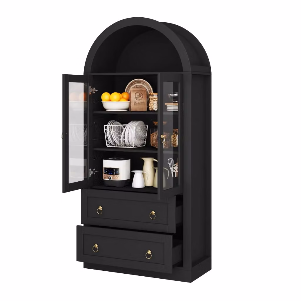 Credenza moderna nera con ante in vetro e 2 ripiani regolabili per cucina e soggiorno L: 80 cm, P: 36 cm, H: 170 cm – 2