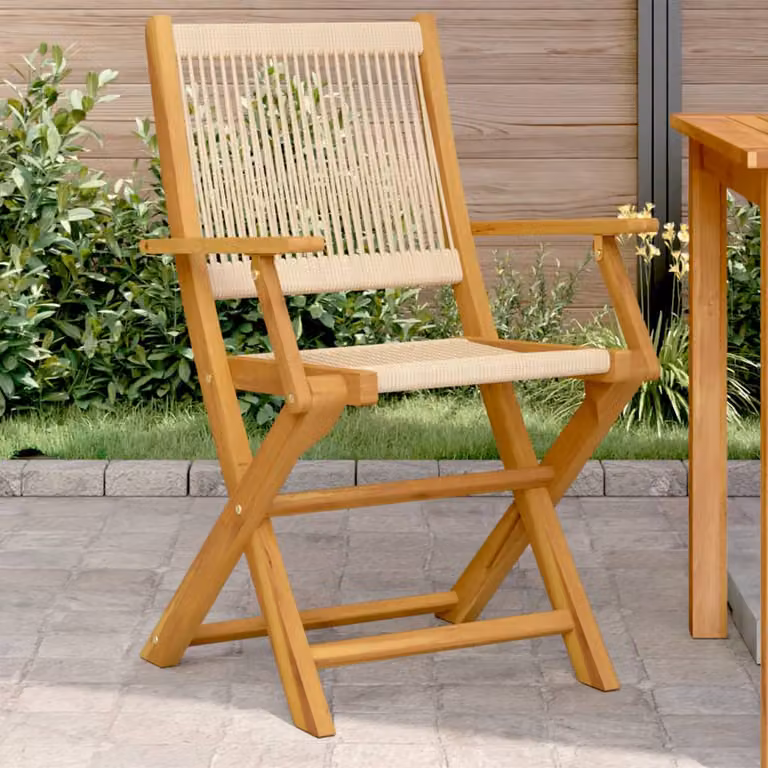 Set di 2 sedie pieghevoli vidaXL in legno di acacia e polipropilene beige con braccioli, impilabili per giardino e terrazzo