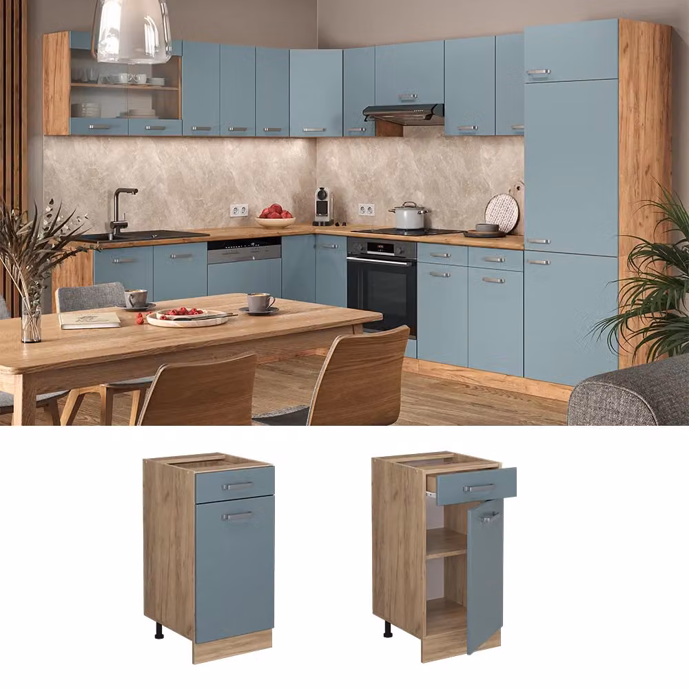 Mobiletto base per cucina Vicco R-Line Grigio-blu e Rovere con ante a battente e cassetti L: 40 cm, H: 81,6 cm, P: 60 cm – 2