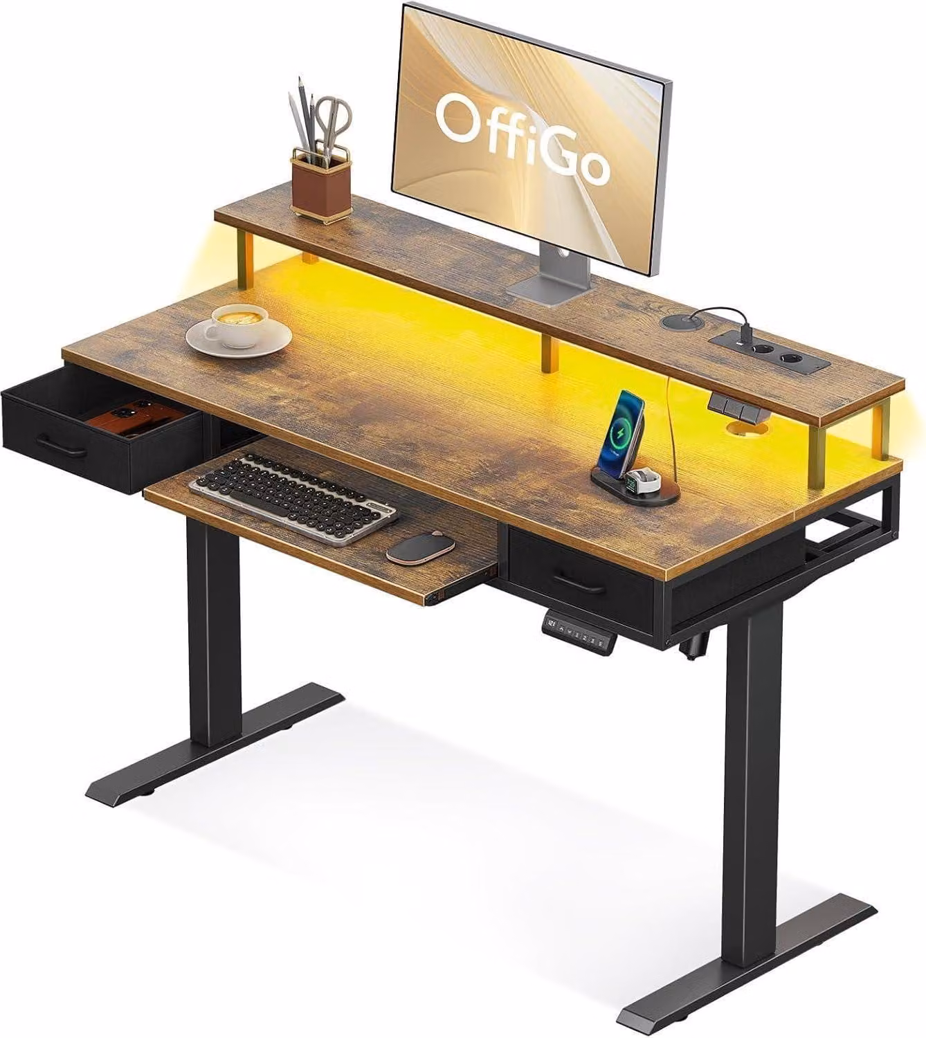 Scrivania regolabile in altezza con cassetti e supporto per monitor 120 cm Marrone