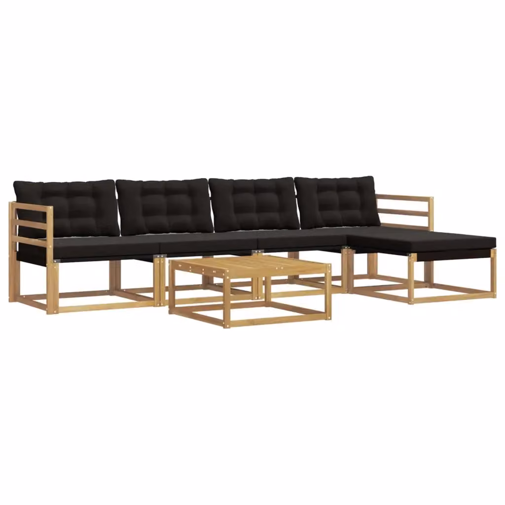 Set di divani da esterno vidaXL a forma di L composto da 6 pezzi con tavolino da caffè e pouf, in legno di acacia e tessuto textilene, Bianco e Nero – 2