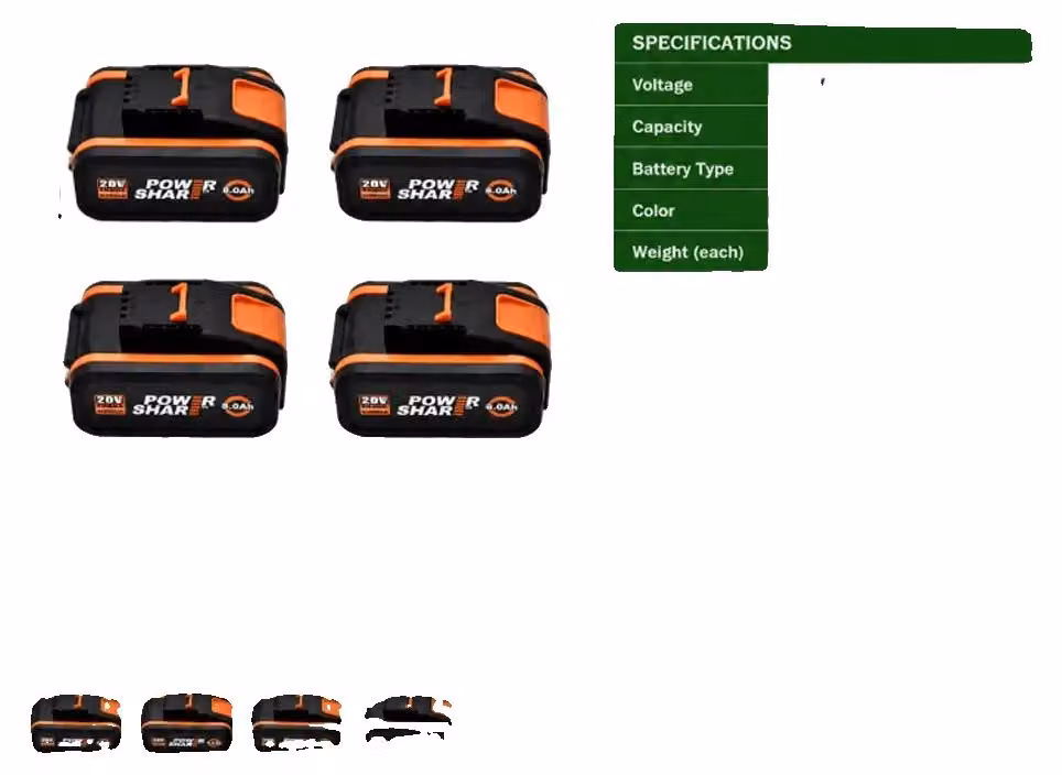 Batterie, capacità 8000 mAh, compatibile con utensili elettrici da 20V, Worx - 8Ah x 4