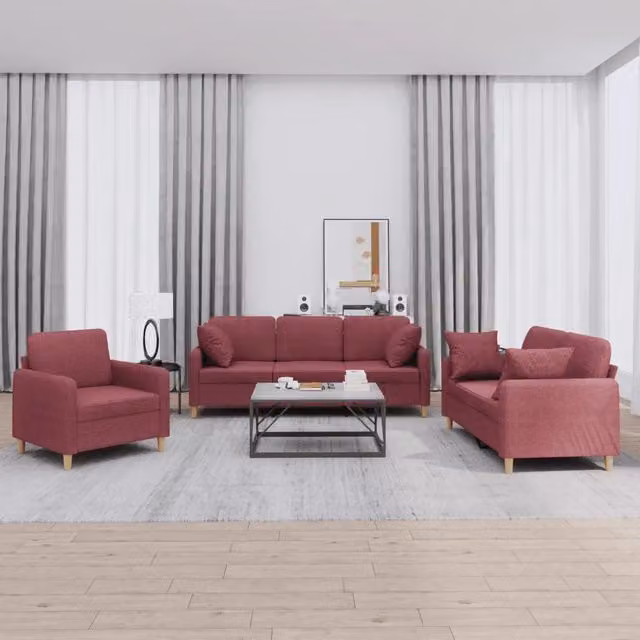 Set di divani 3 pezzi vidaXL in tessuto rosso con cuscini per soggiorno moderno