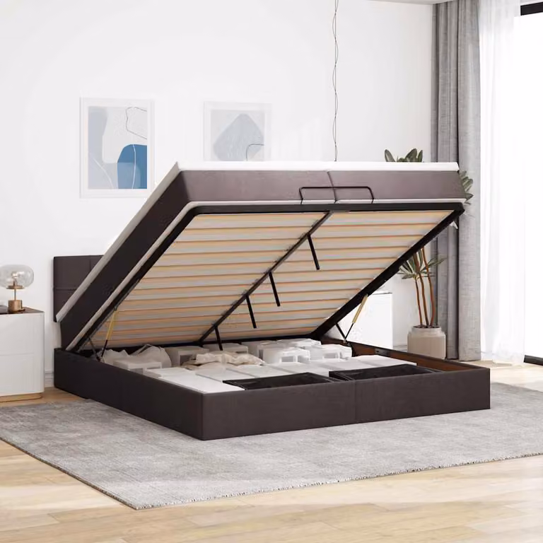 Letto con contenitore a sollevamento vidaXL in tessuto marrone e bianco con porta USB e illuminazione sottostante L: 200 cm, P: 200 cm, H: 280 cm